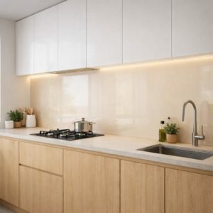 Crédence en verre laqué beige sur mesure pour cuisine