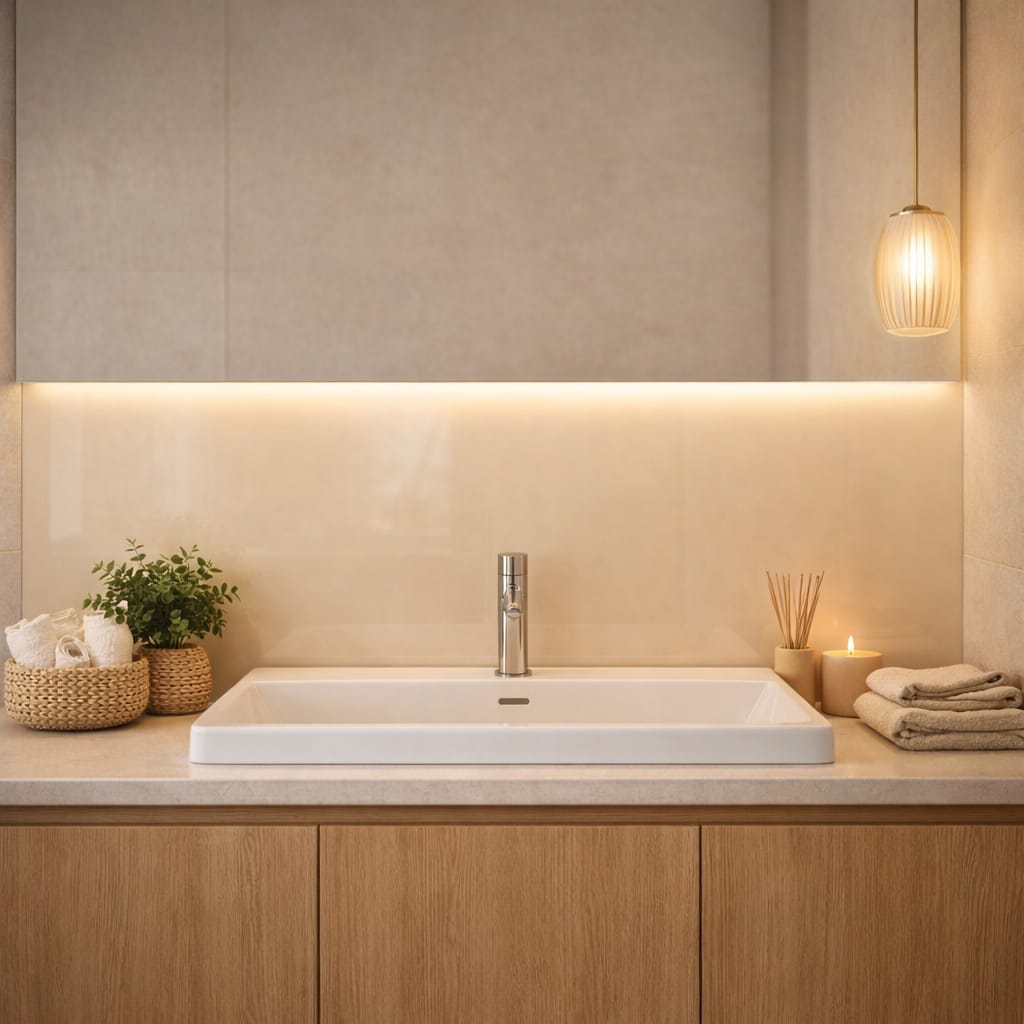 vp-credence-verre-laque-beige-clair-salle-de-bain Crédence en verre beige laqué pour salle de bain