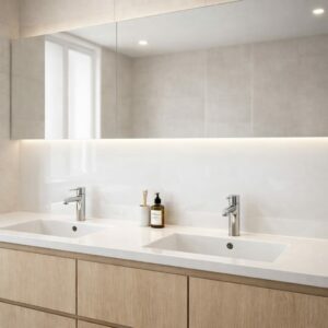 Crédence en verre blanc laqué pour salle de bain