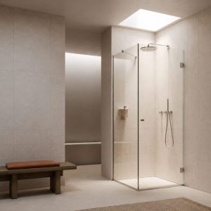 Paroi de douche d'angle avec porte en verre sur mesure